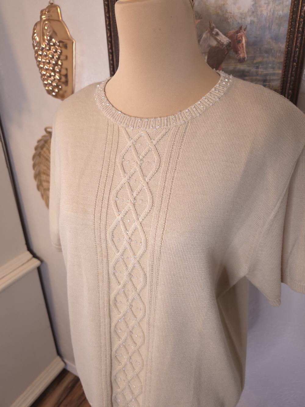 Alfred Dunner Ivory Beaded Cable Knit Sweater Medium Wool Blend Old Money - Picture 2 of 14